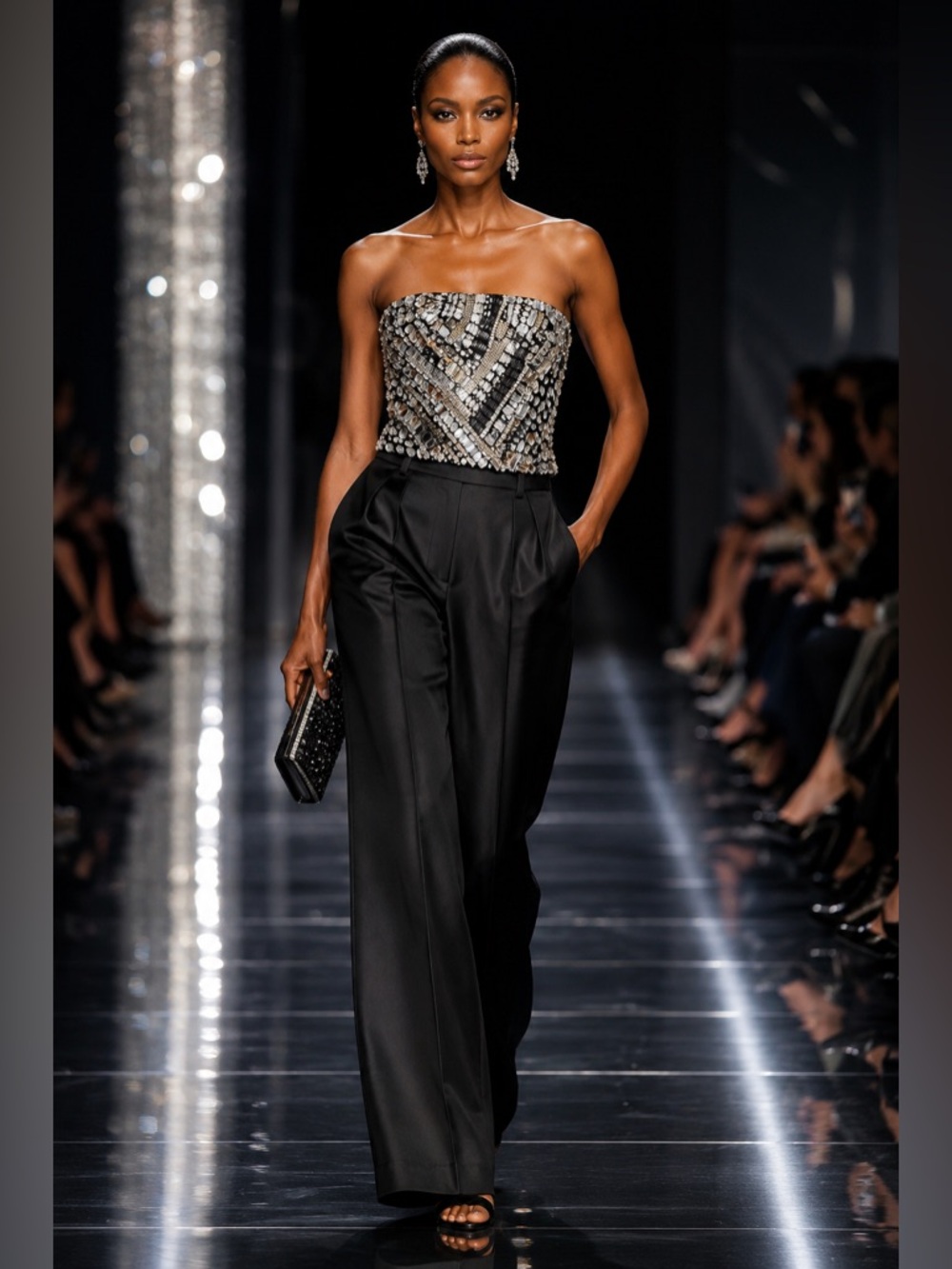 Fashion Nova Black Crop Top with Silver Crystal Embellishments